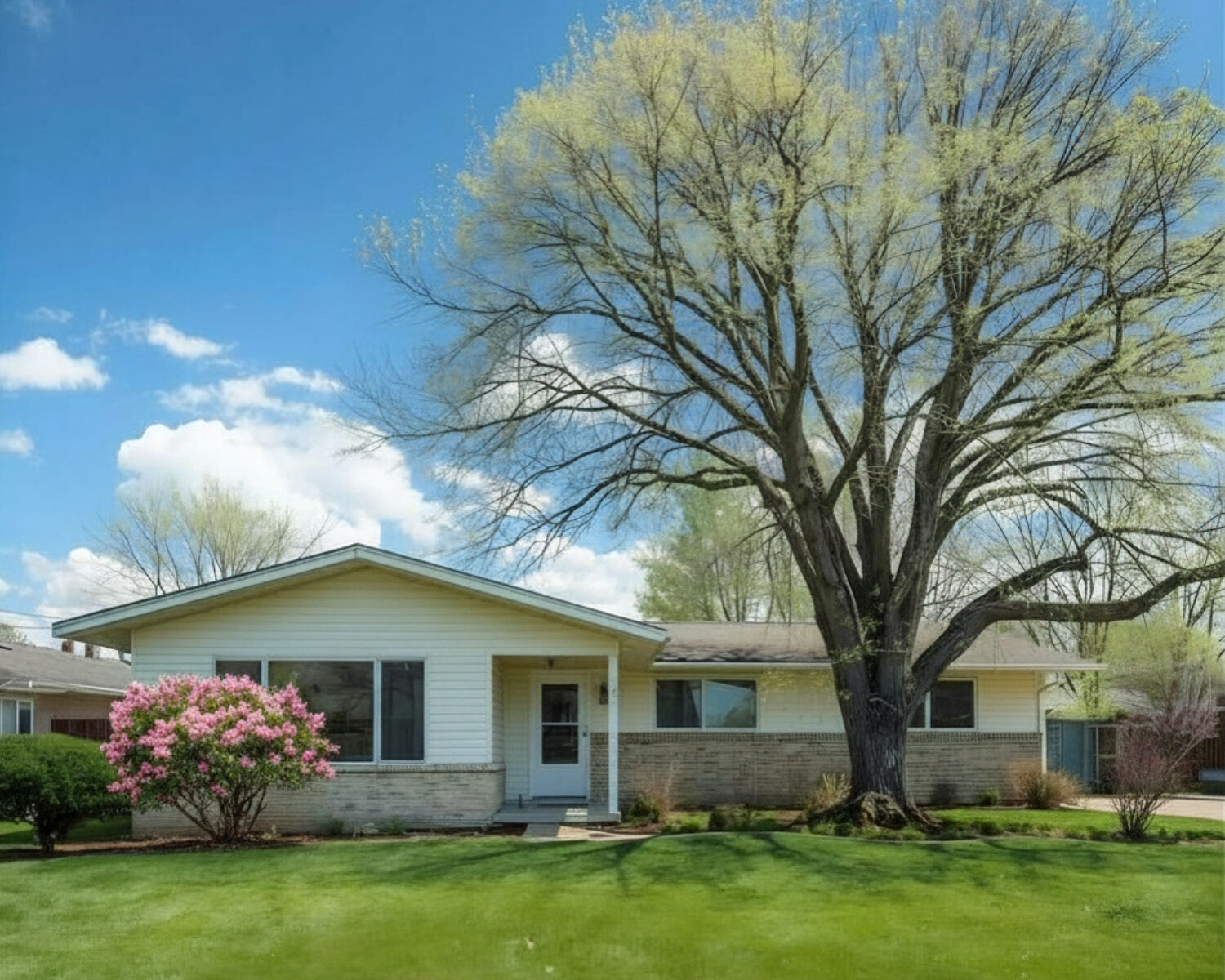 A pleasant one-story home in the springtime