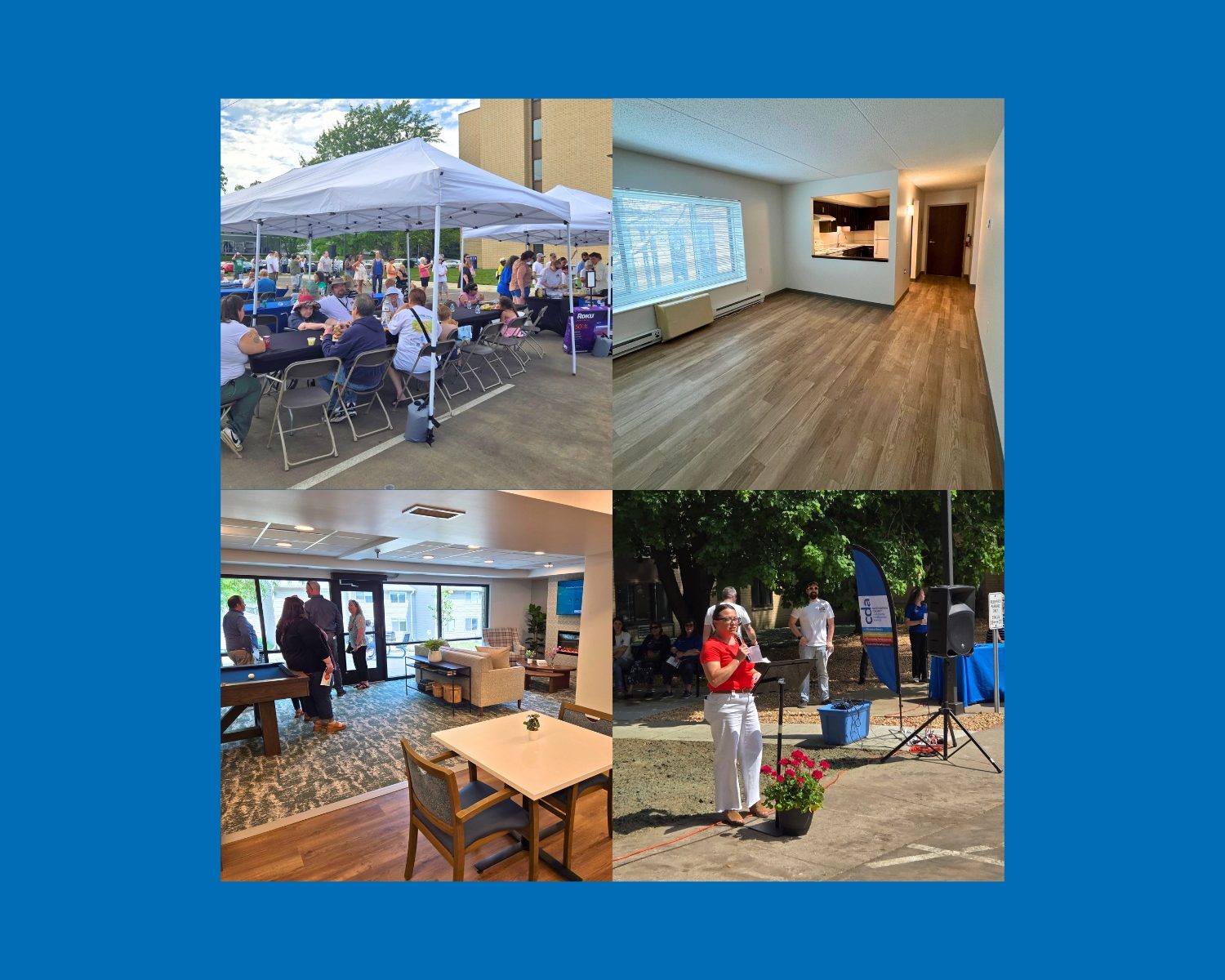 Photos from a reopening celebration of a renovated apartment building