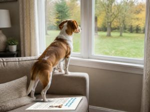 A brown and white dog looks outside a window